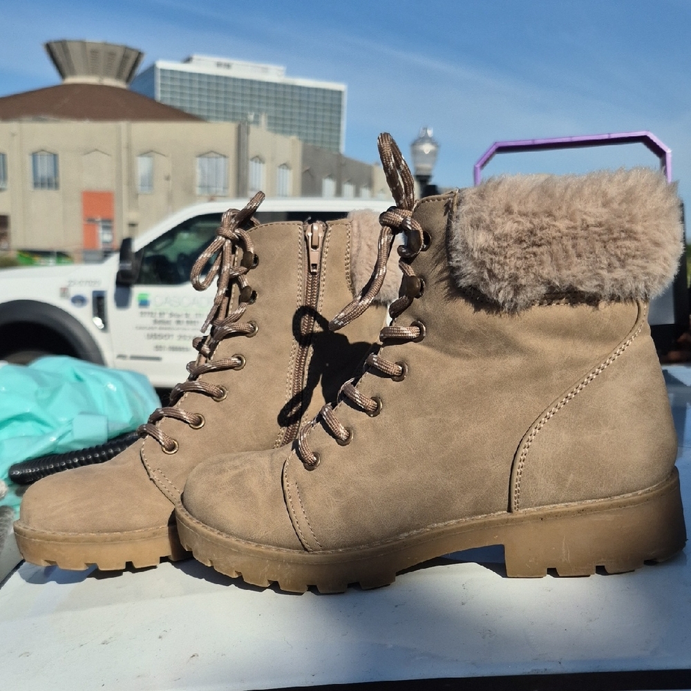 Esprit Taupe Lace-Up Faux Fur Cuff Ankle Boots